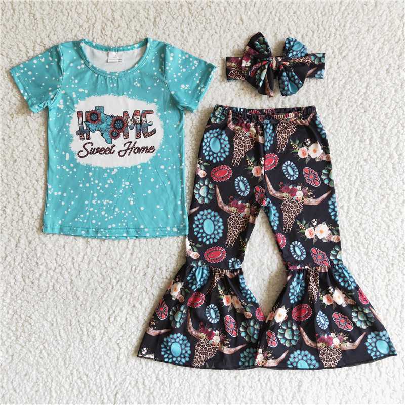 B17-28 Alphabet Blue Short Sleeve Bull Head Flare Pants+bow