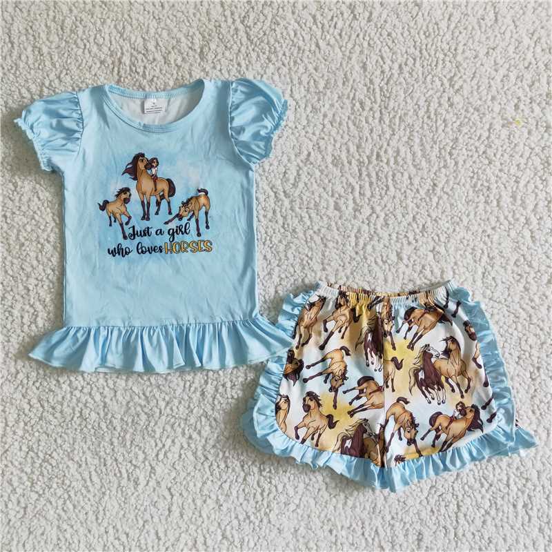 B17-30  blue just a girl who loves horses shorts set