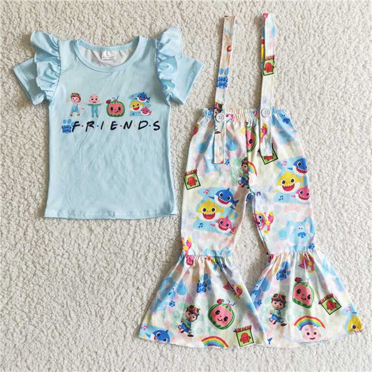 GSPO0040 Cartoon Blue Short Sleeve Bib Flared Pants Cover