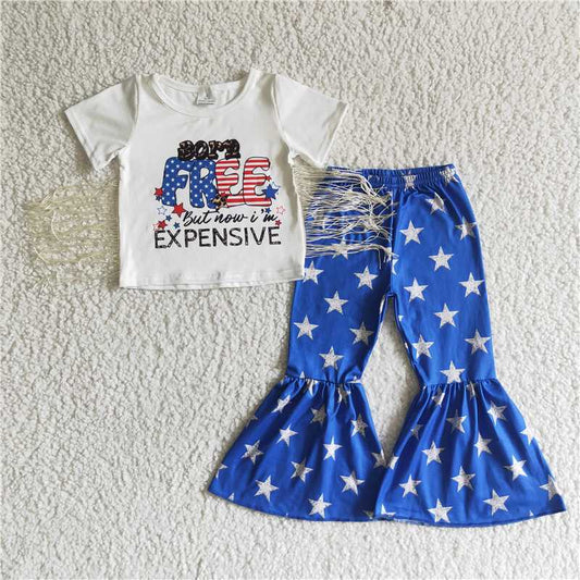 NC0002 Baby Girls 4th of July White Tassel Short Sleeve Blue Star Flared Pants Boutique Set