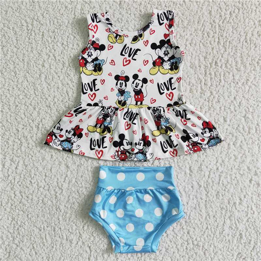 GBO0011 Girls Sleeveless Blue and White Polka Dot Briefs Suit