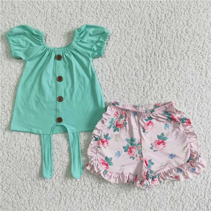 GSSO0034 Girls Blue Top Pink Shorts Flower Short Sleeve Shorts Set