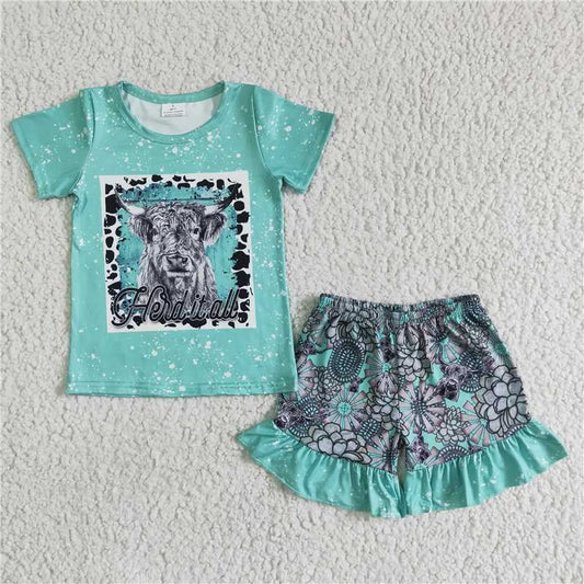 GSSO0066 Grey Cow Green Short Sleeve Lace Shorts Suit