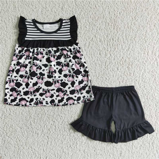 GSD0045 Black Striped Lace Cow Sleeveless Shorts Set