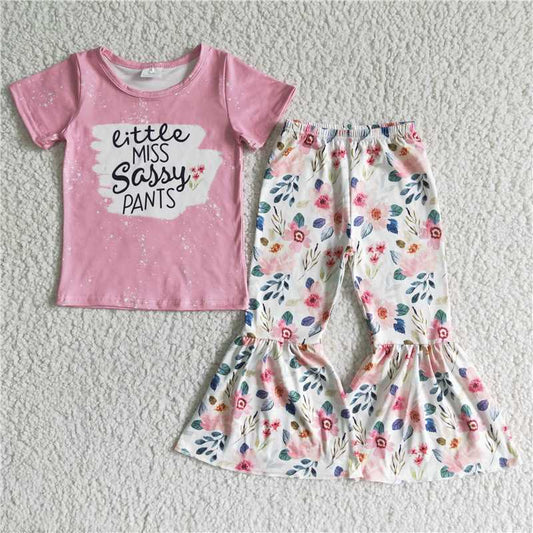 GSPO0062 Girls Pink Short Sleeve Flower Trousers Set