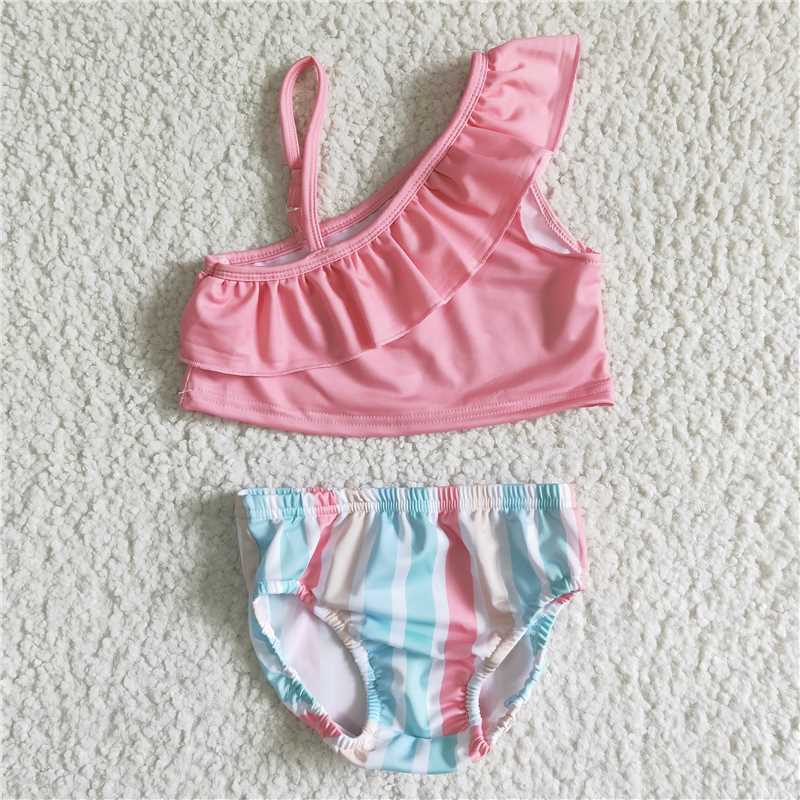 S0021 Girls Pink Lace Suspender Colorful Stripes Briefs Swimsuit