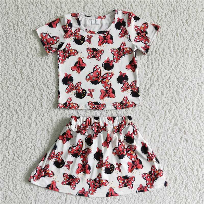 GSD0067 Girls Red Bow Black Polka Dot Short Sleeve Skirt Suit