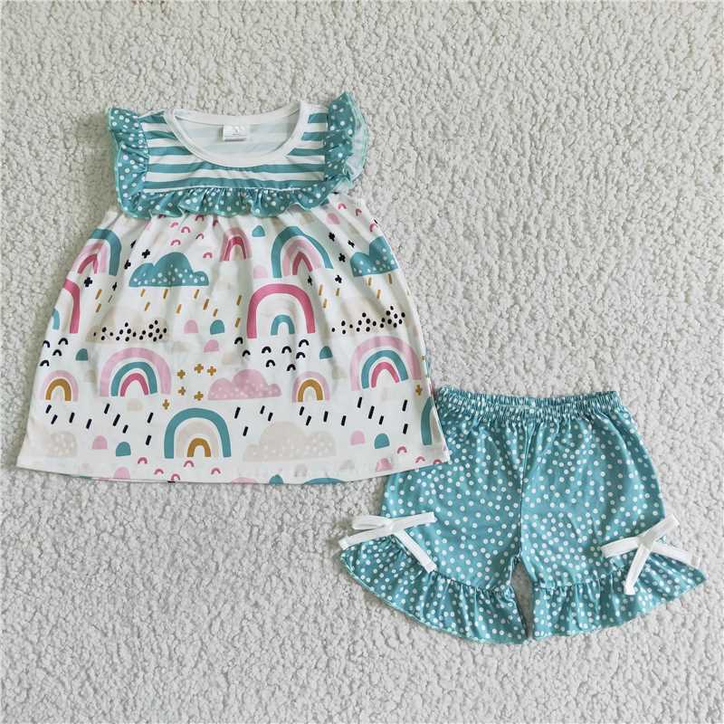 GSSO0047 Girls Rainbow Blue Striped Sleeveless White Dot Shorts Outfit