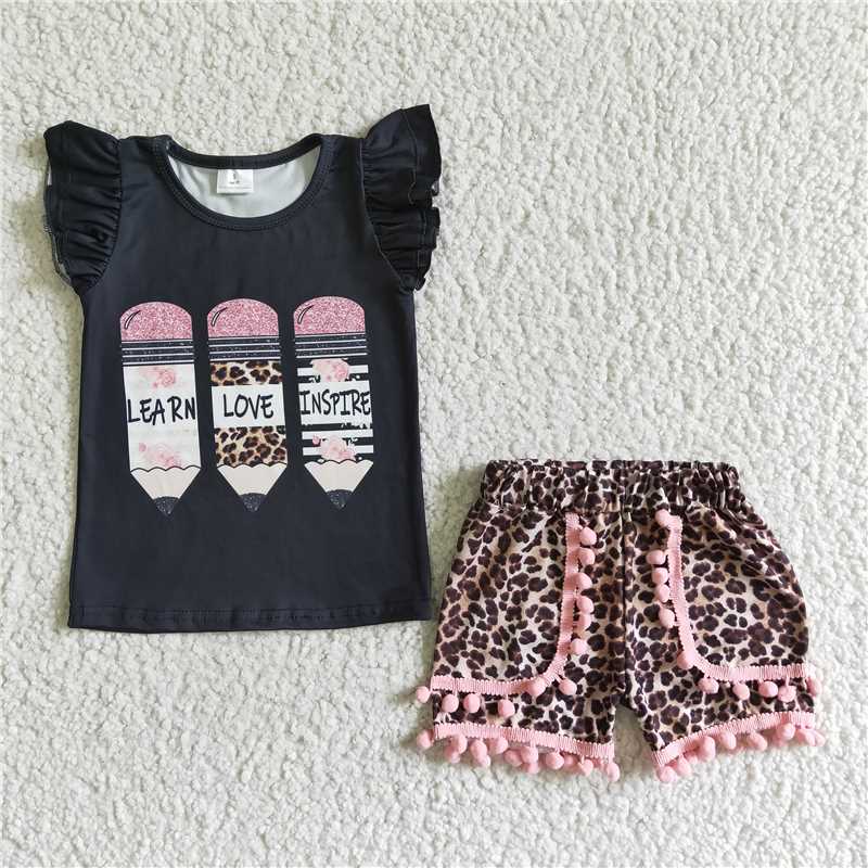 GSSO0117 Girls Back to School Pencil Black Fly Sleeve Leopard Shorts Suit