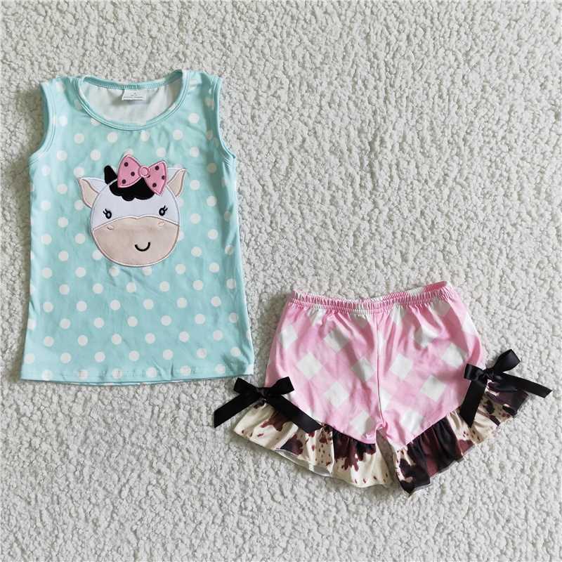 GSSO0088 Girls Embroidered Bull Tau Green Sleeveless Pink Plaid Shorts Suit