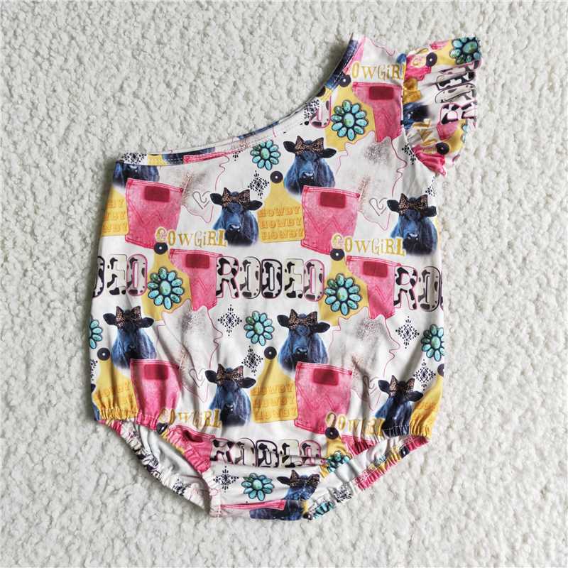 SR0059 Girls' Cow Alphabet Jeweled One Sleeve Lace Bodysuit