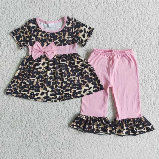 E3-2 Pink Bow Leopard Print Short Sleeve Skirt Pink Pants