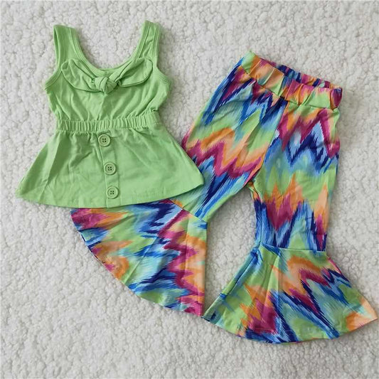 A17-23 Green Strap Top Tie Dye Flared Pants Set