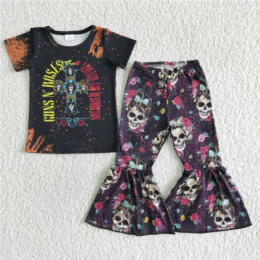 A0-3 Yellow Letters Skull Short Sleeve Pants Set