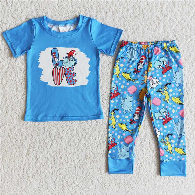 E6-28 Boys  Valentine's Day Blue Short Sleeve Pants Set