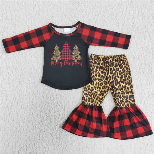 6 B12-38 Plaid Christmas Tree Long Sleeve Top + Leopard Print Pants