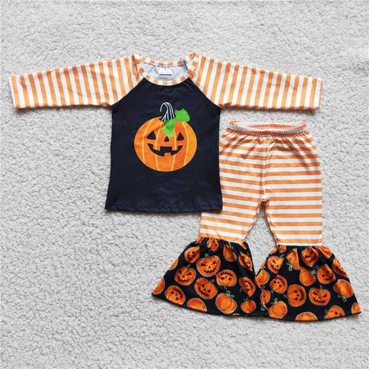 6 C6-23 Baby girls Halloween Pumpkin Stripe Long Sleeve Pants Set