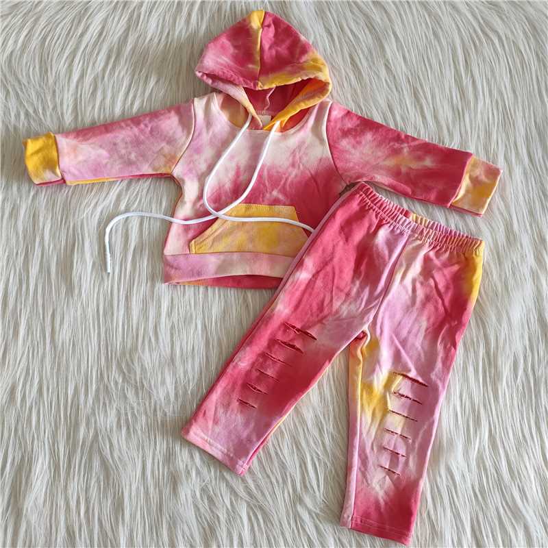 6 A29-6  Mixed Dye Hoodie Long Sleeve Sweatshirt Ripped Pants