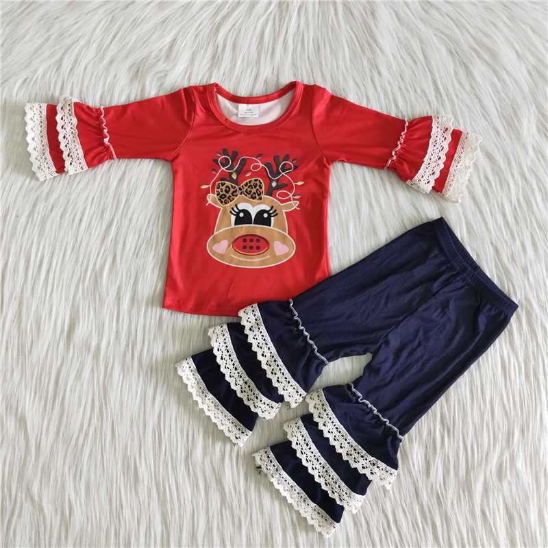 6 A14-27 Christmas Leopard Bow Antlers Red Long Sleeve Lace