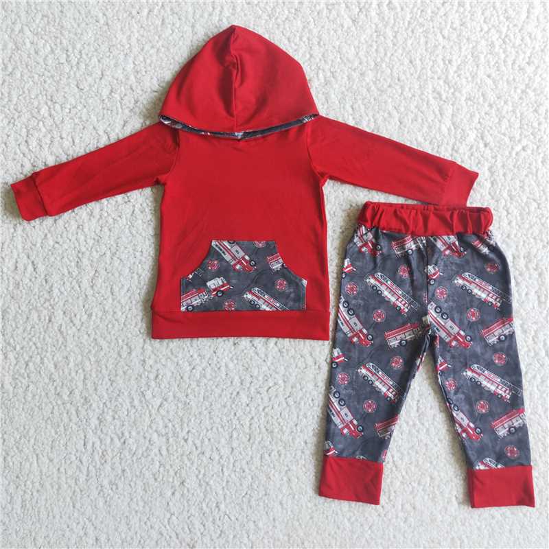 6 C8-2 Fire Truck Red Long Sleeve Hooded Sweater Pants Set