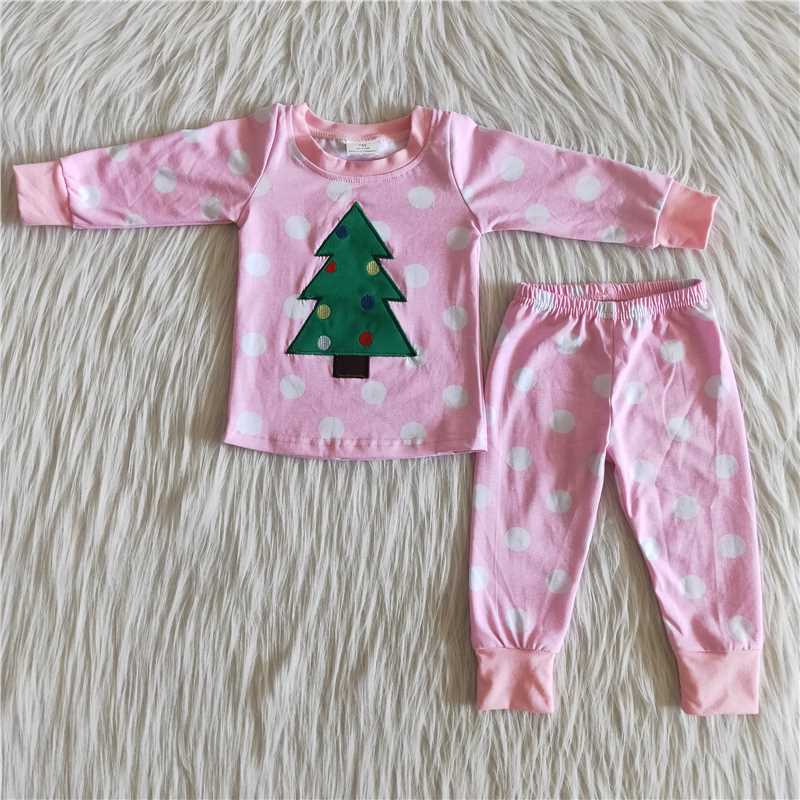 6 B12-37 Embroidered Christmas Tree Dots Girls Pink Cotton Pajamas