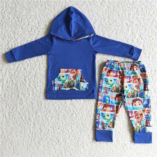 6 C7-21 Blue Long Sleeve Hooded Sweater Pants Set