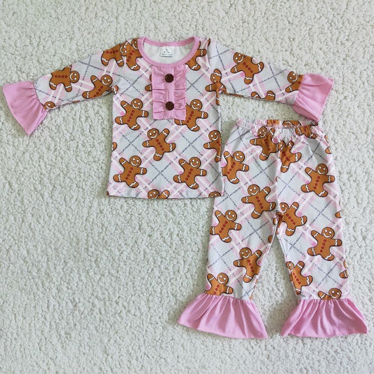 6 A1-27 Girls Brown Gingerbread Pink Long Sleeve Pants Pajama Set