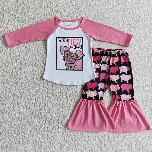 6 A10-17 Fashion pink pig print long sleeve set