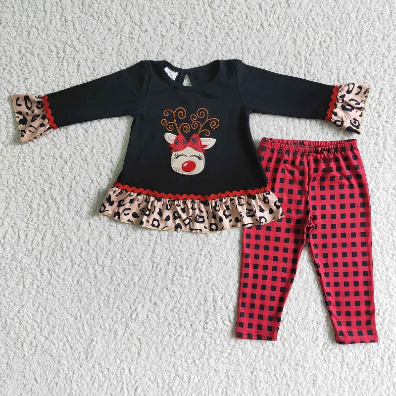 6 A18-27 Christmas bow embroidered deer head black plaid leopard print set