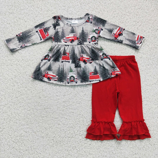 6 A19-11 Christmas Tree Car Grey Long Sleeve Lace Red Pants Set
