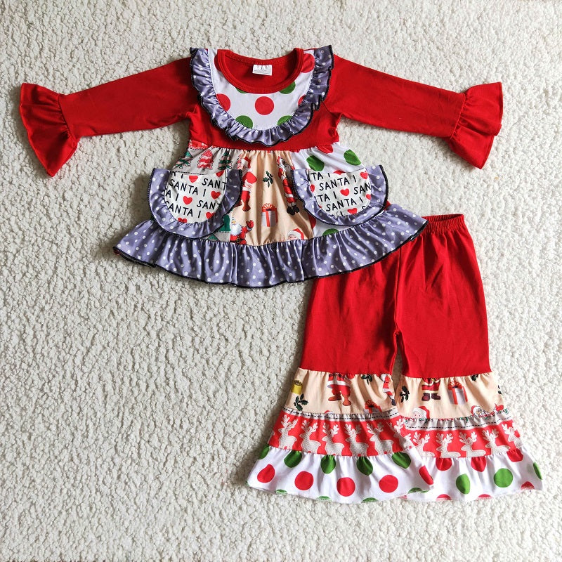 6 A24-13 Christmas Red Long Sleeve Pocket Flare Pants Set