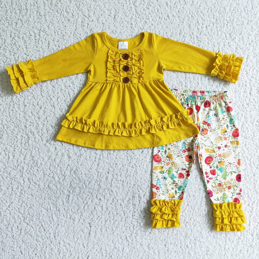 6 A24-1 SOLID COLOR YELLOW COTTON TUNIC TOP FLORAL LEGGINGS SET