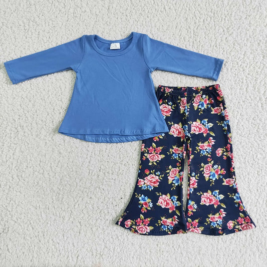 6 A25-3 Baby Girls Blue Top Flowers Print Flares Pants