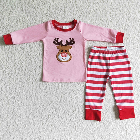 6 A27-12 Pink Deer Head Embroidered Cotton Striped Pajamas
