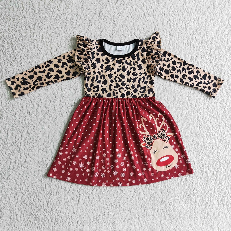 6 A29-12 Red Nosed Deer Leopard Print Long Sleeve Skirt