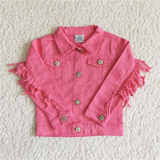 6 A32-30 Rose red denim top fringed long-sleeved coat