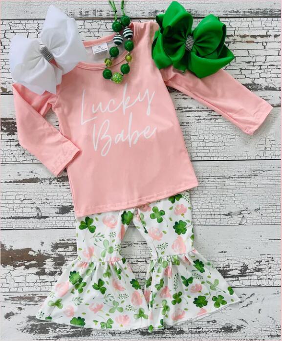 6 B2-25 Alphabet Pink Long Sleeve Top Print Flared Pants Set