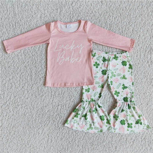 6 B2-25 Alphabet Pink Long Sleeve Top Print Flared Pants Set