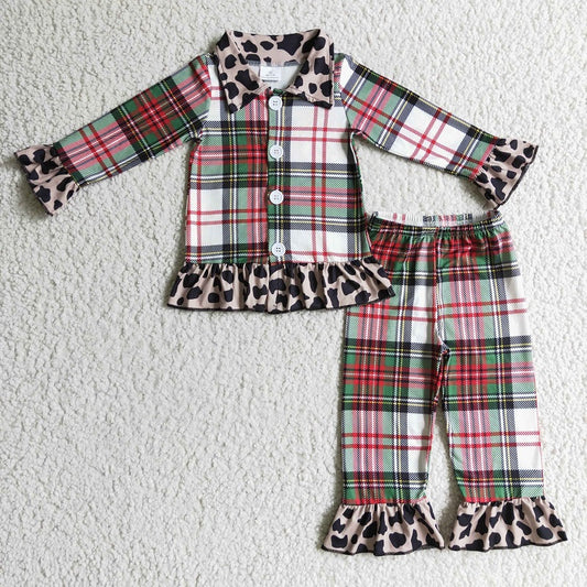 6 B2-4 Girls Check Leopard Lace Pajama Set
