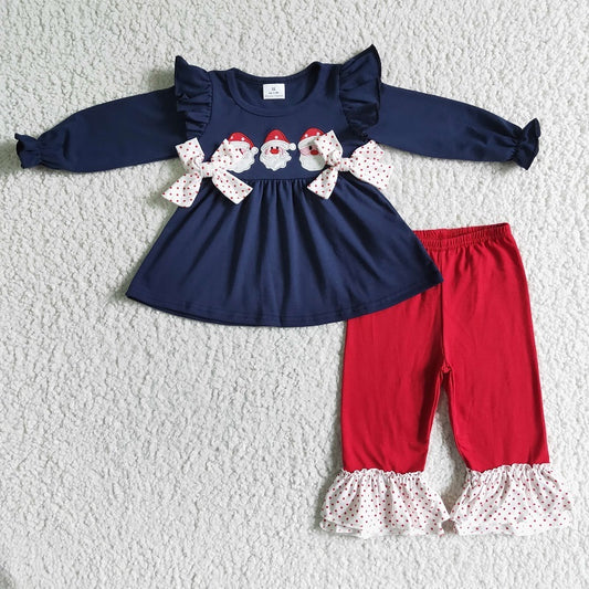 6 B7-39 Girl Embroidery Santa Claus Long Sleeve Top Red Pants Set