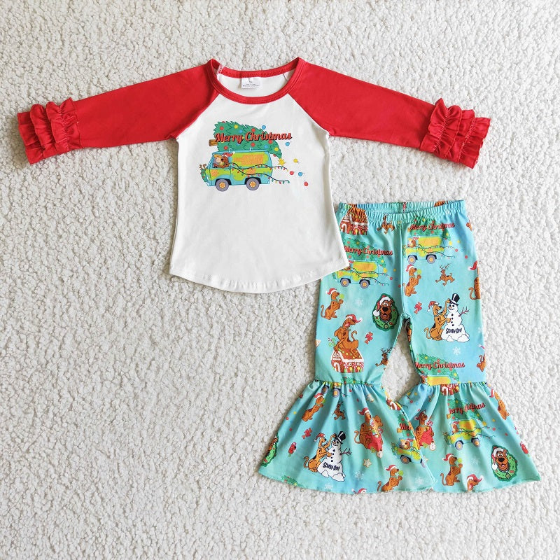 6 B7-4 Christmas Red Sleeve Snowman Flared Pants Set