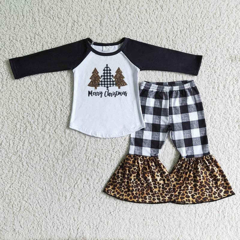 6 B8-18 Three Christmas Trees Black and White Check Flared Pants Set