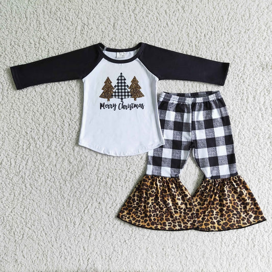 6 B8-18 Three Christmas Trees Black and White Check Flared Pants Set