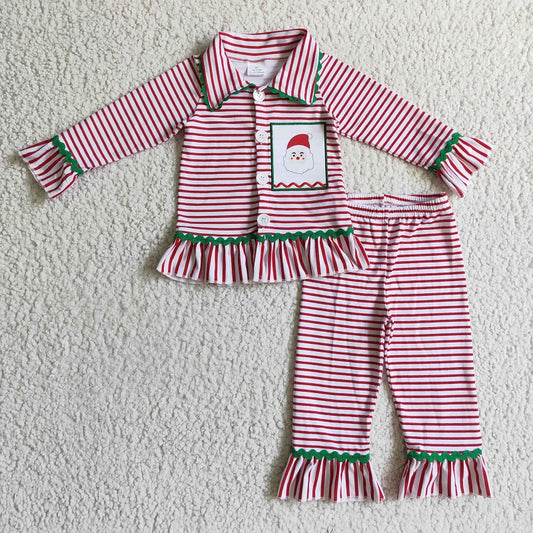 6 B9-3 Baby girls santa embroidered striped pajamas
