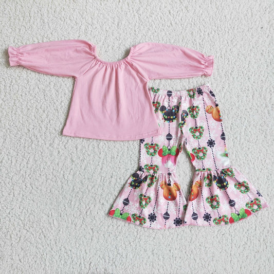 6 C10-20 Christmas Pink Top Bow Flared Pants Set D 1209