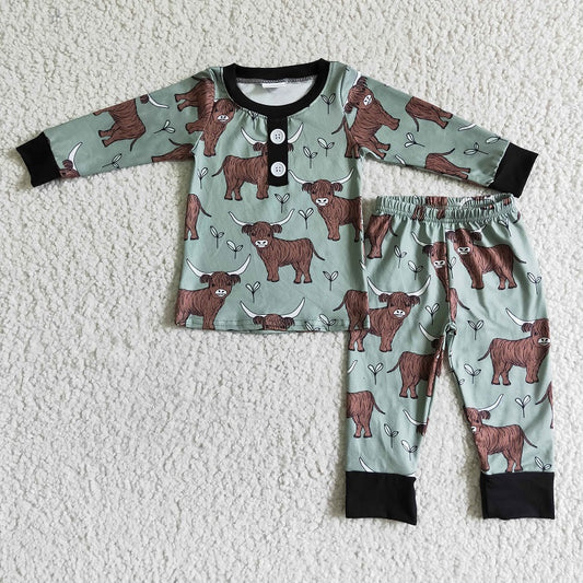 6 C11-23 Boys Cow Green Long Sleeve Pants Pajama Set