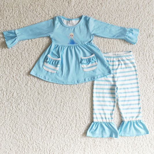 6 C11-5 girls Blue Pocket Top Striped Trousers Set