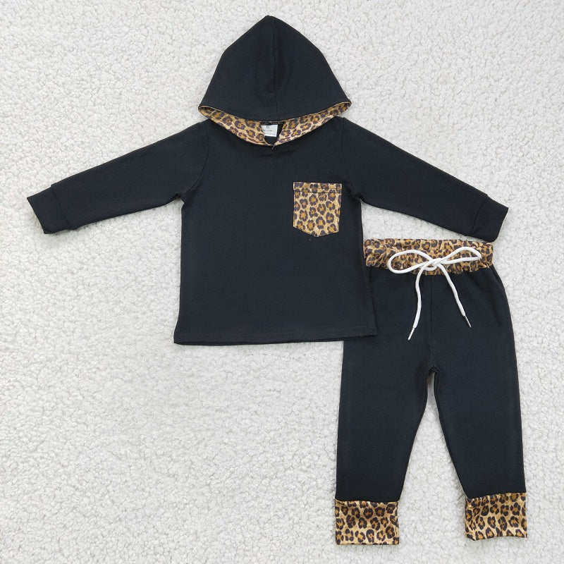 6 C7-16 Boys Black Leopard Pocket Black Hoodie SET