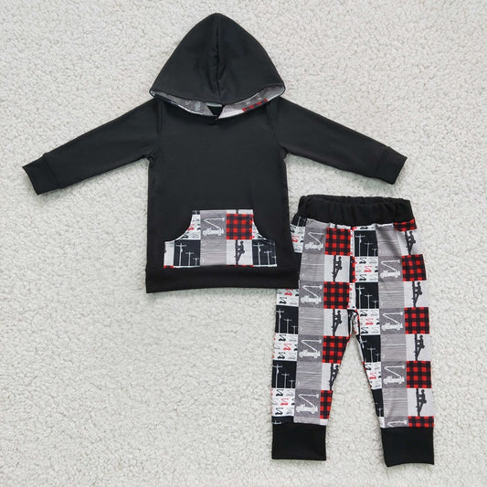 6 C8-18 Black Long Sleeve Hoodie and Red Plaid Trousers