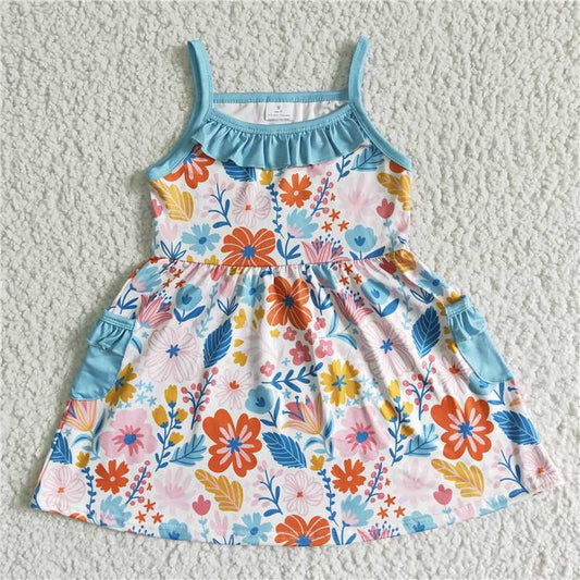 GSD0077 girl blue suspender flower pocket skirt